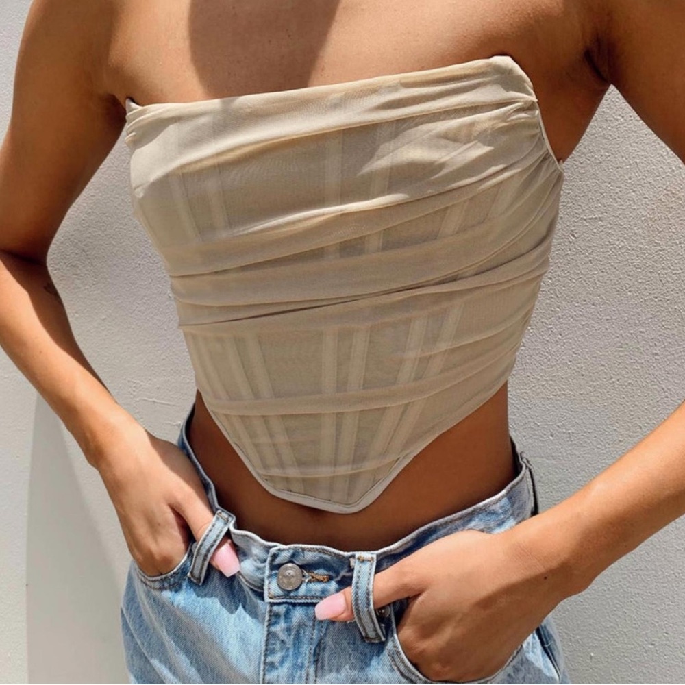 PRINCESS POLLY - AVERY BEIGE TAN BUSTIER RUCHED RIBBED CORSET TOP